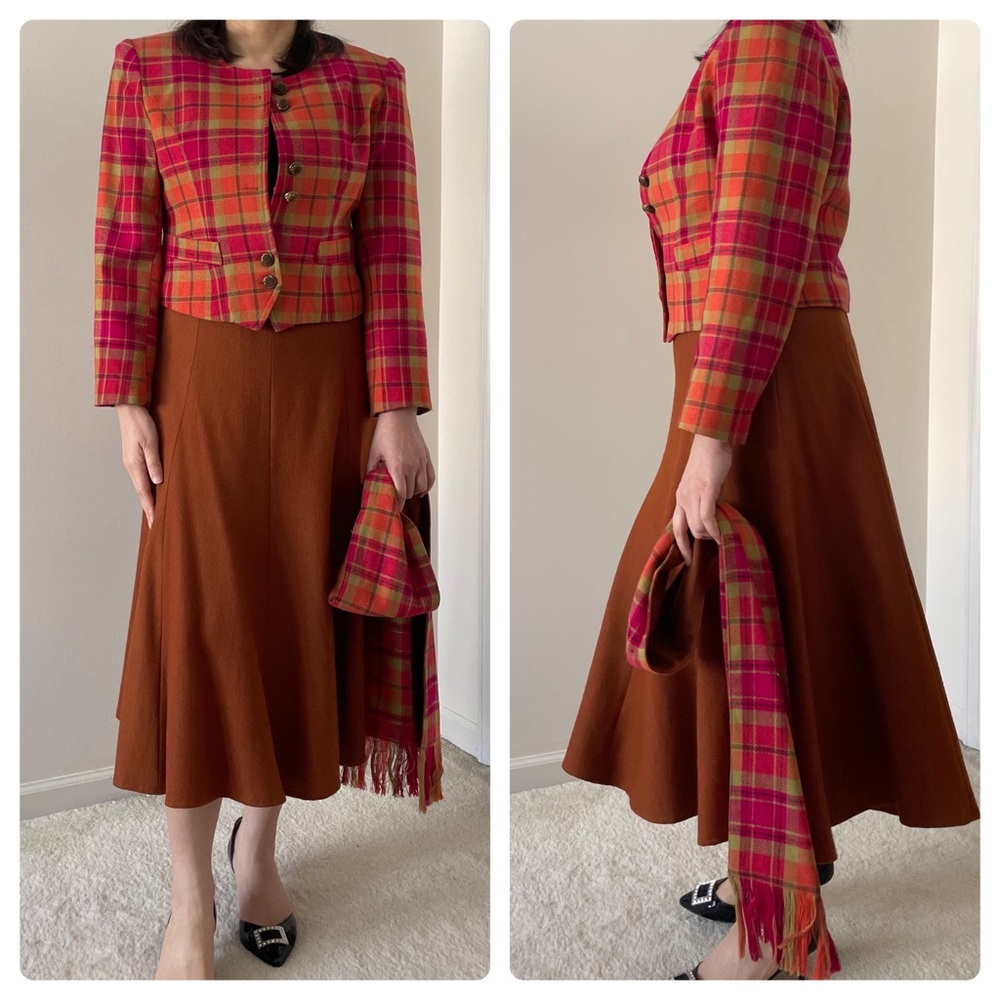 Vintage Wool Plaid Crop Jacket Midi Full Skirt Suit Matching Scarf Set S